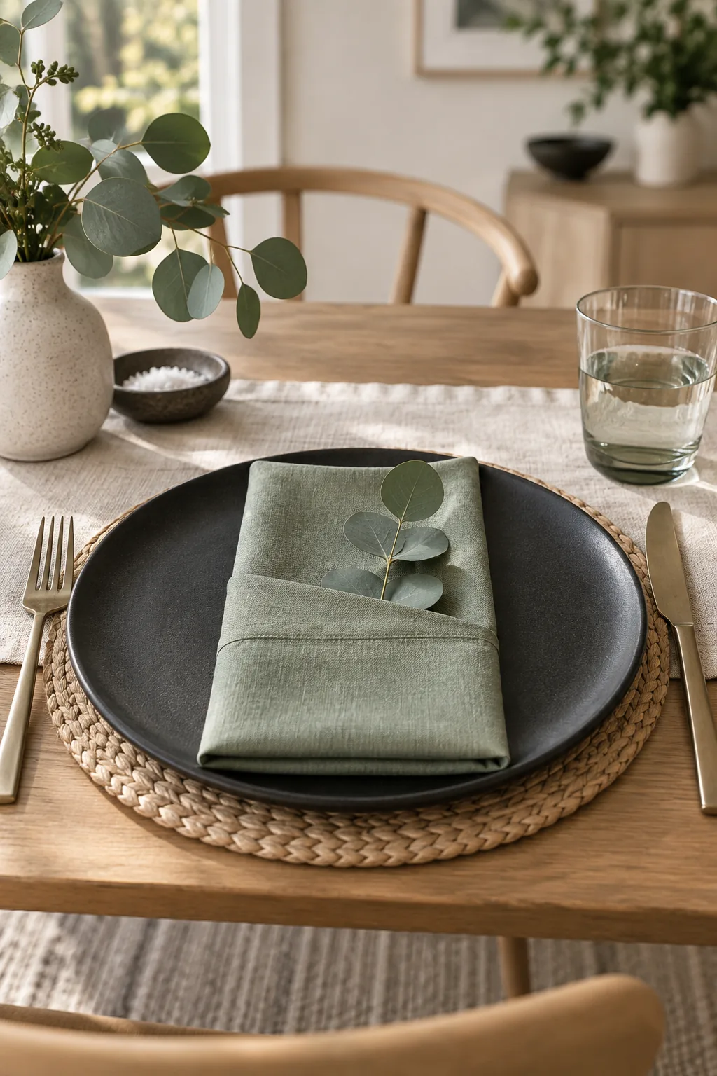 Sage green linen napkin on a matte black plate with eucalyptus.