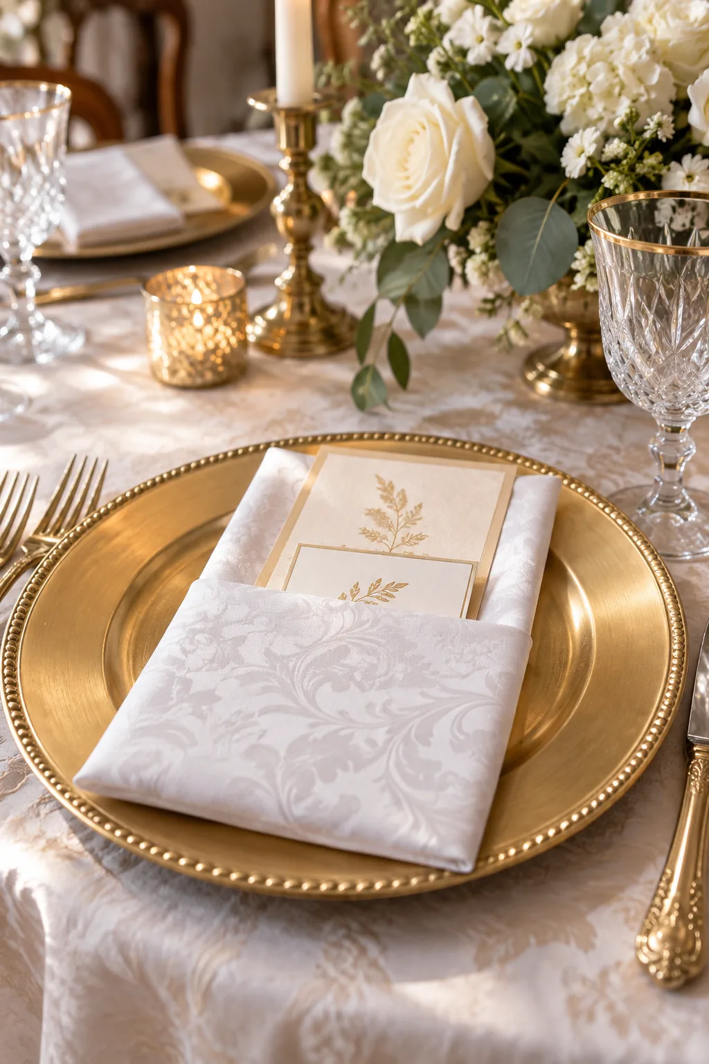 White damask napkin on a gold charger with a calligraphed card.