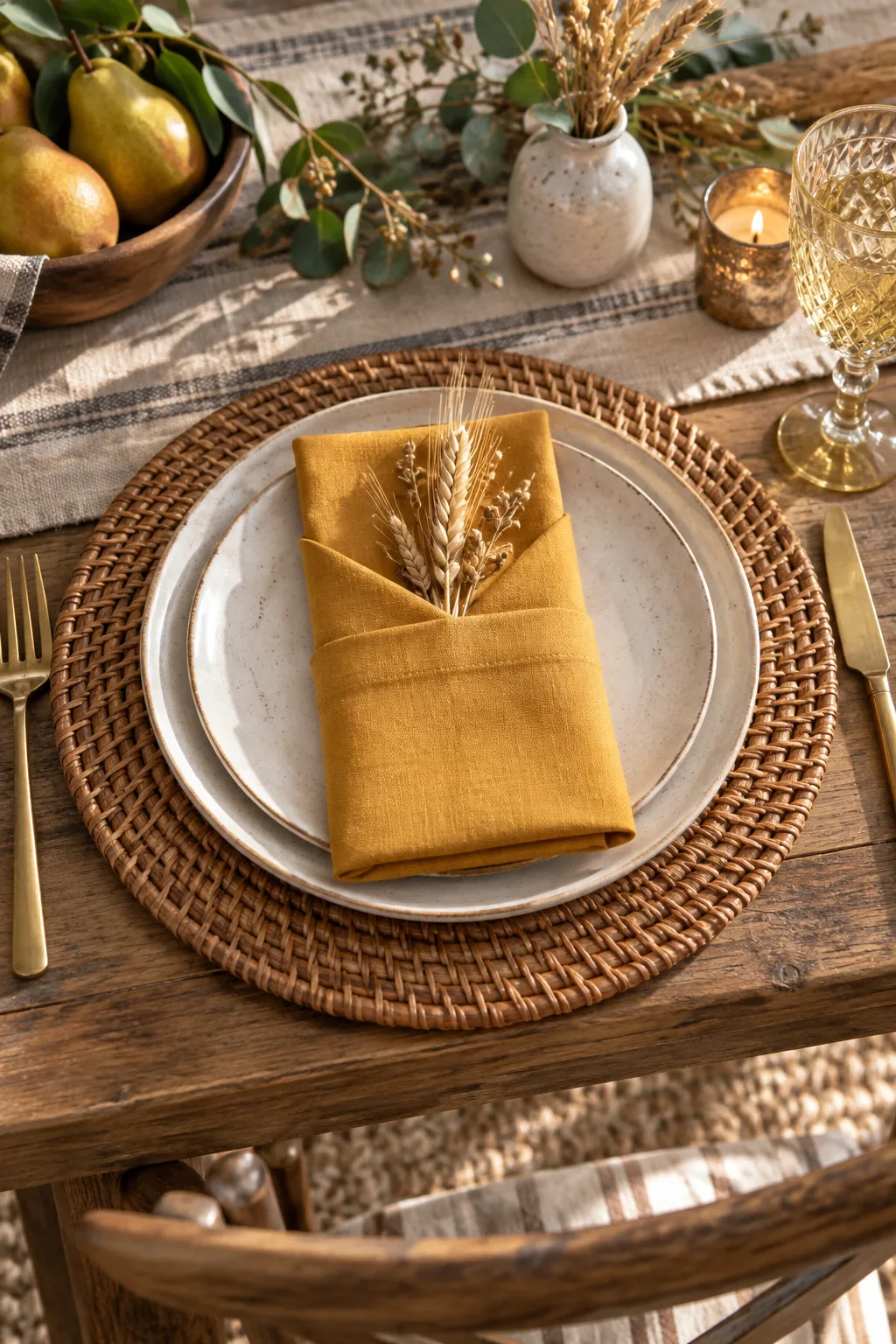 Mustard yellow napkin on a rattan charger with dried wheat.