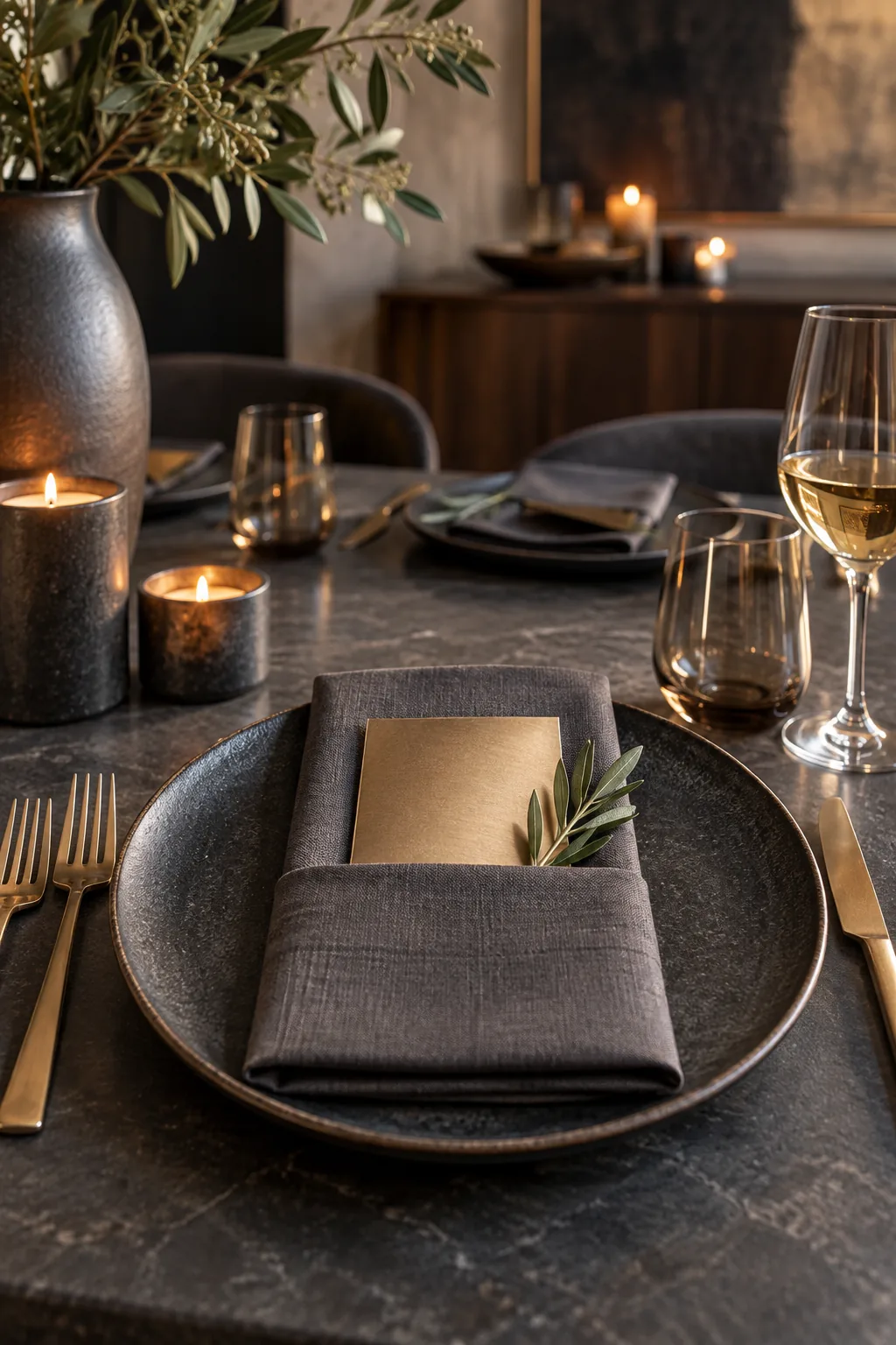 Charcoal gray linen napkin on dark stoneware with a metallic menu.