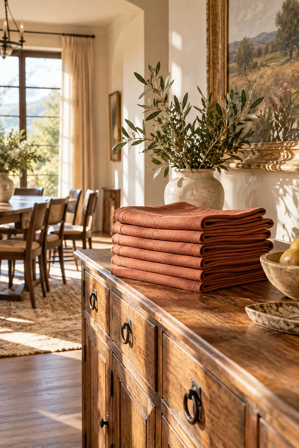 Stack of folded terracotta linen napkins on a wooden sideboard.