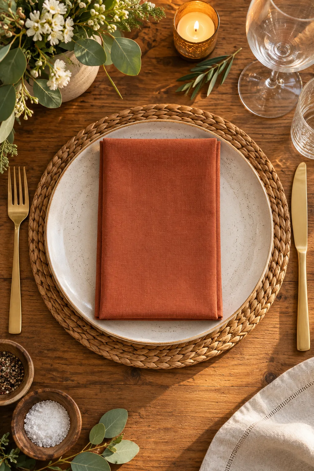 Flat terracotta napkin resting under an artisan ceramic dinner plate.