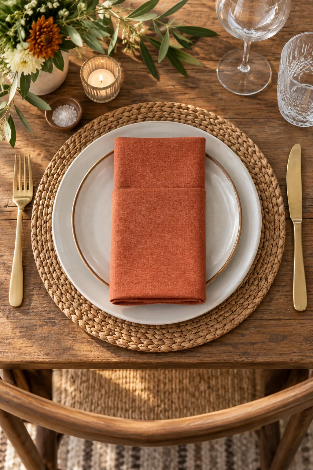 Overhead view of a woven charger, white plate, and folded terracotta napkin.