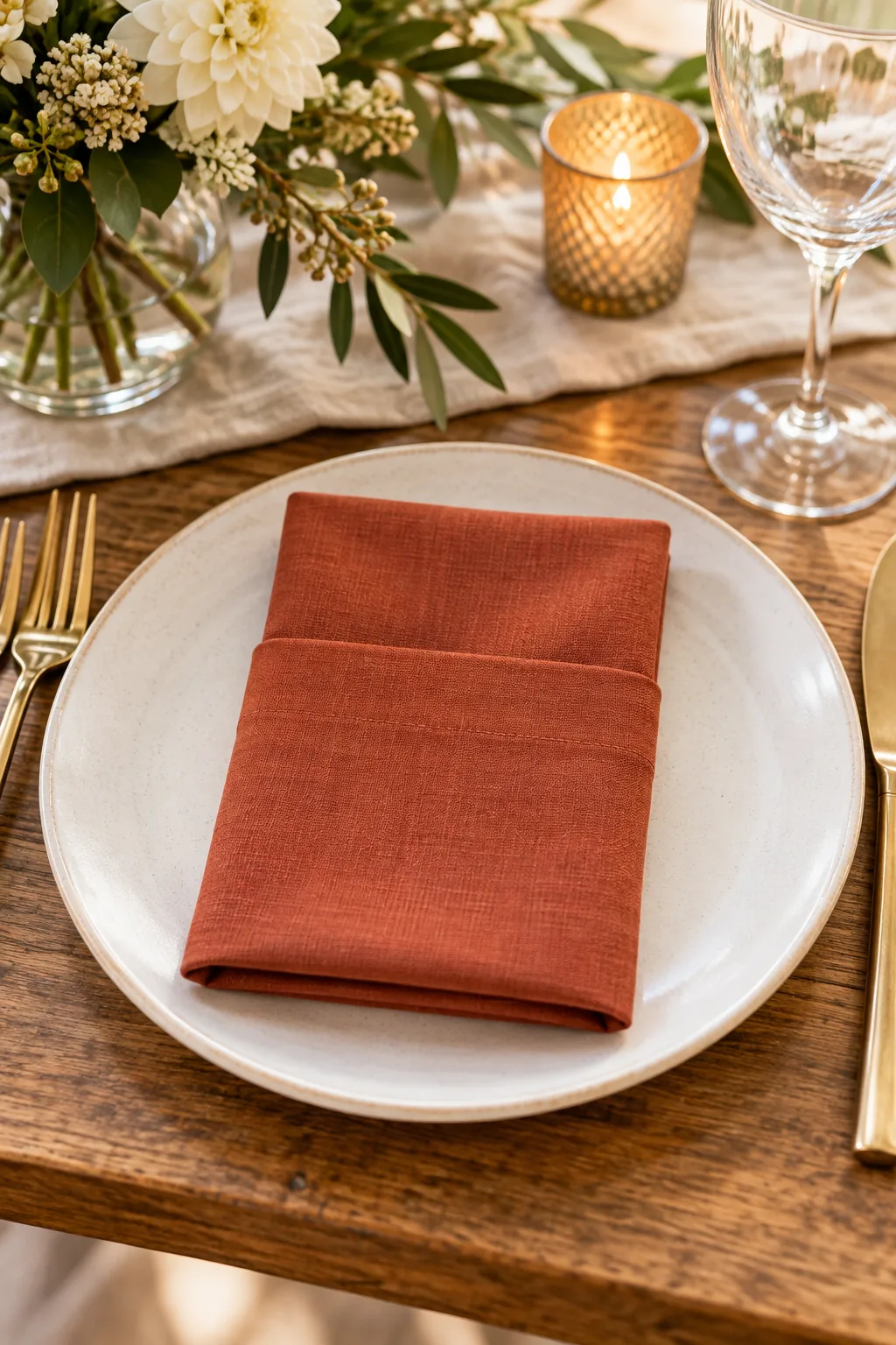 Eight folded terracotta napkins lined up on a wooden buffet.
