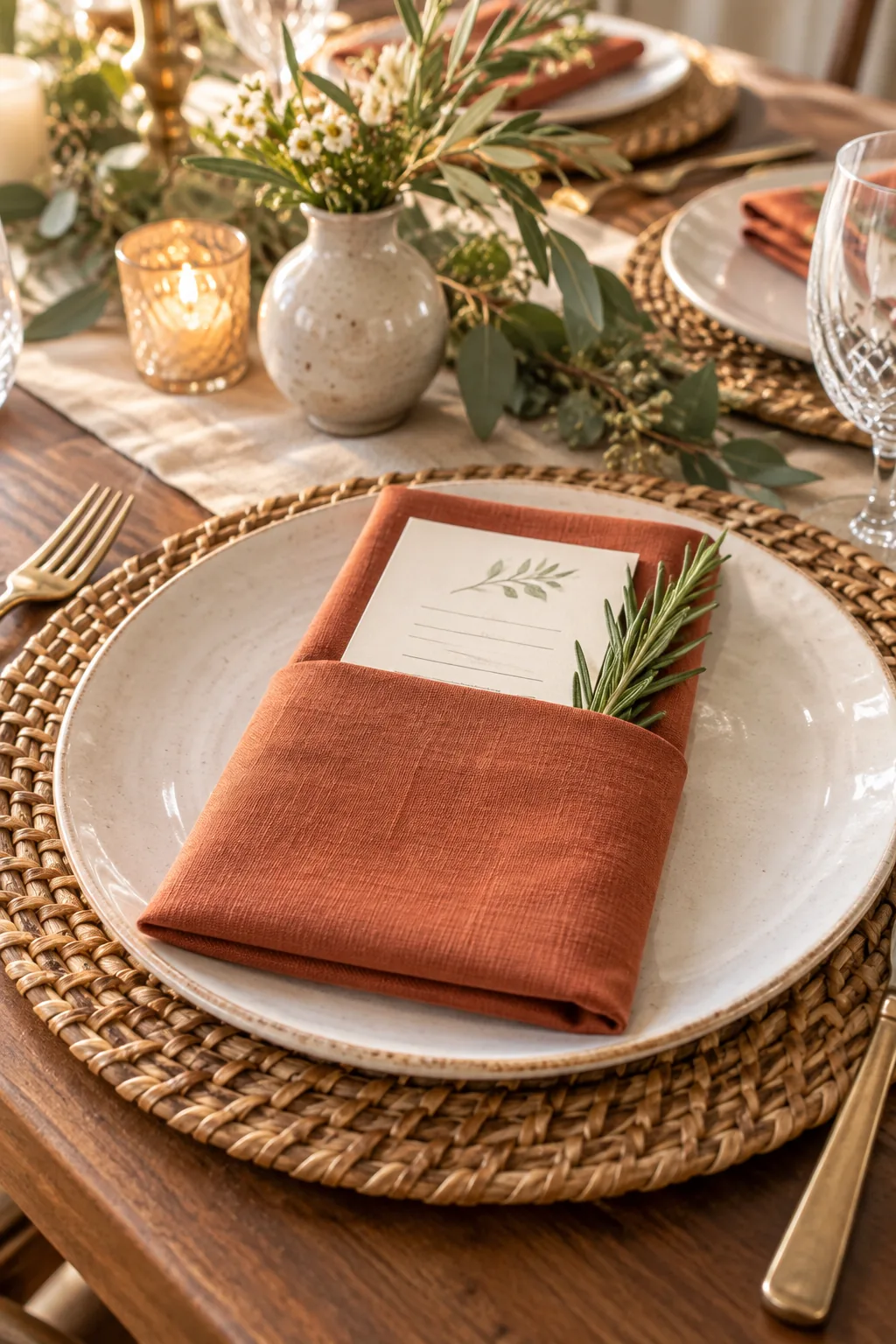 Close-up of a tightly folded napkin pocket on a white plate.