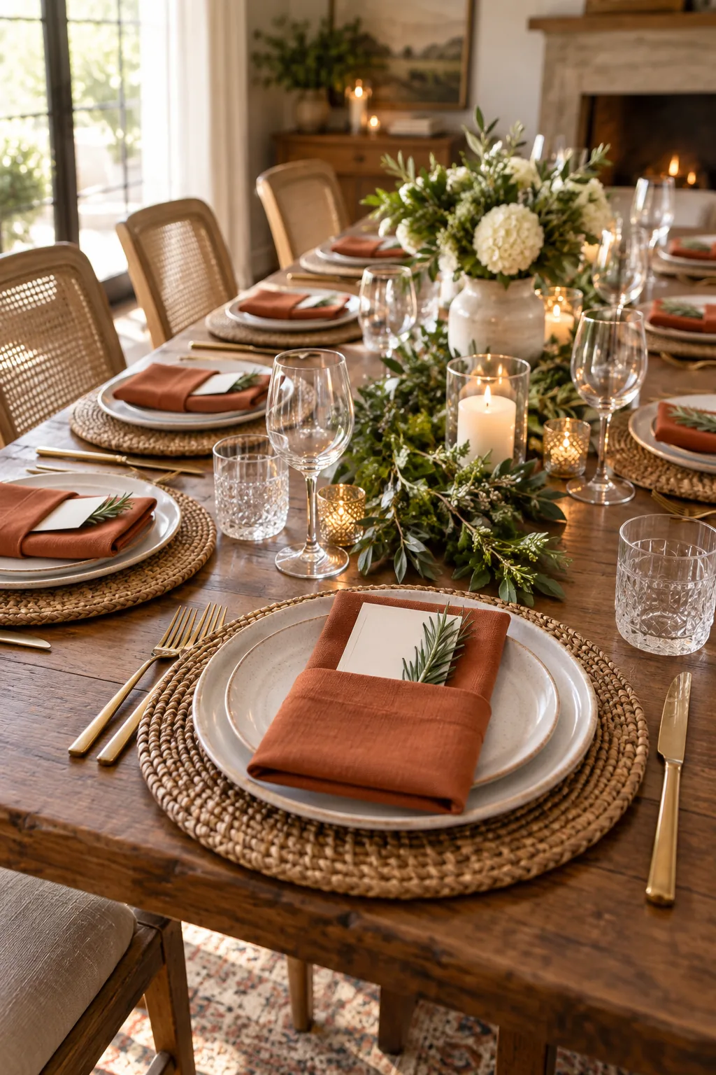 Terracotta napkin pocket holding a menu and rosemary sprig.