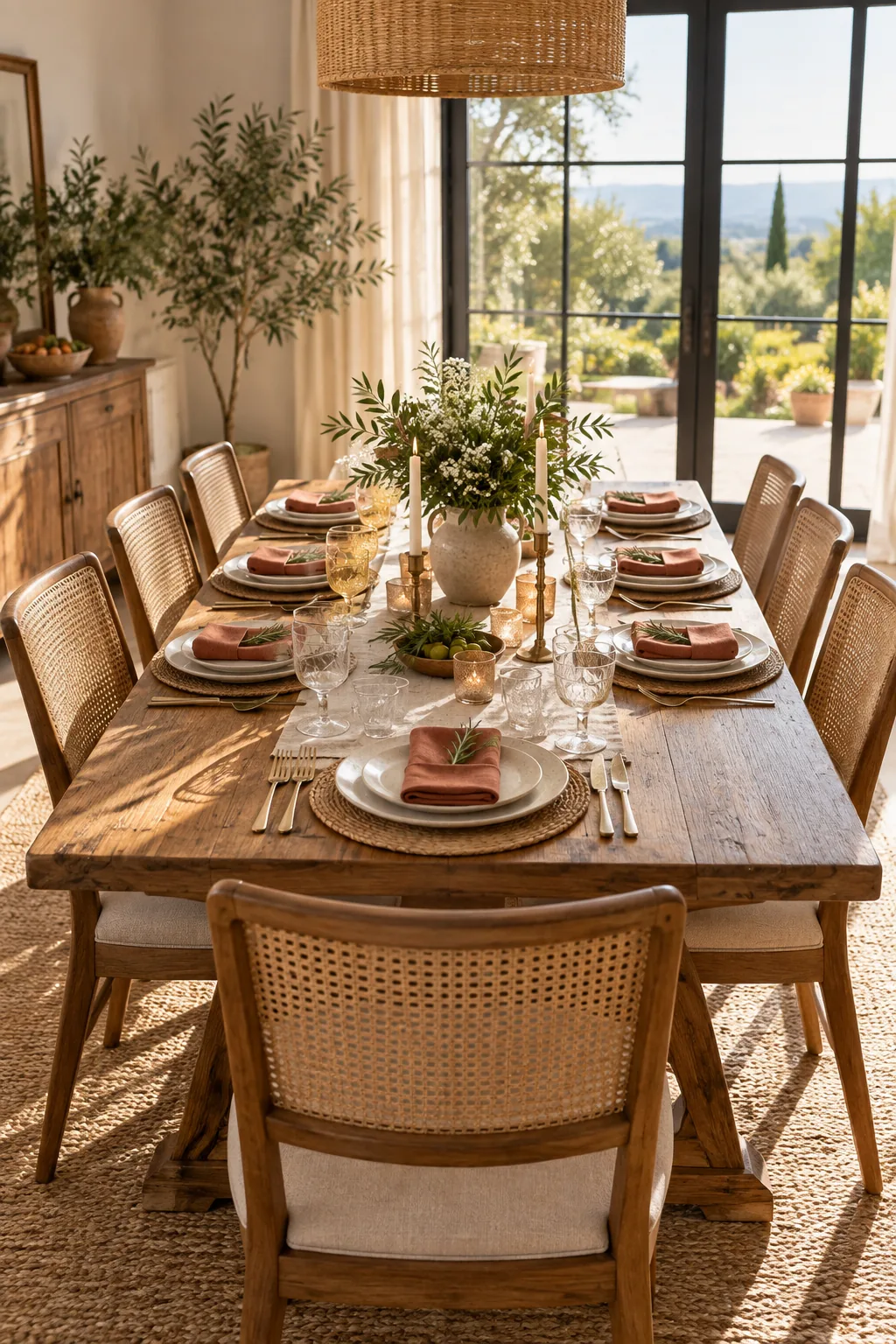 Long dining table set for eight with terracotta napkins in sunlight.