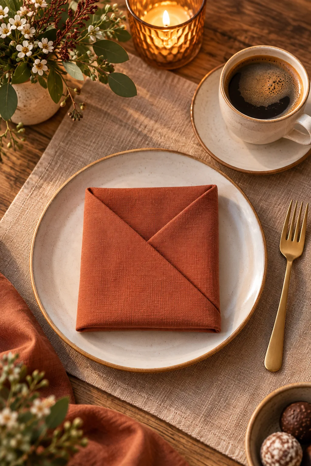 Terracotta napkin in an envelope fold on a small ceramic dessert plate.