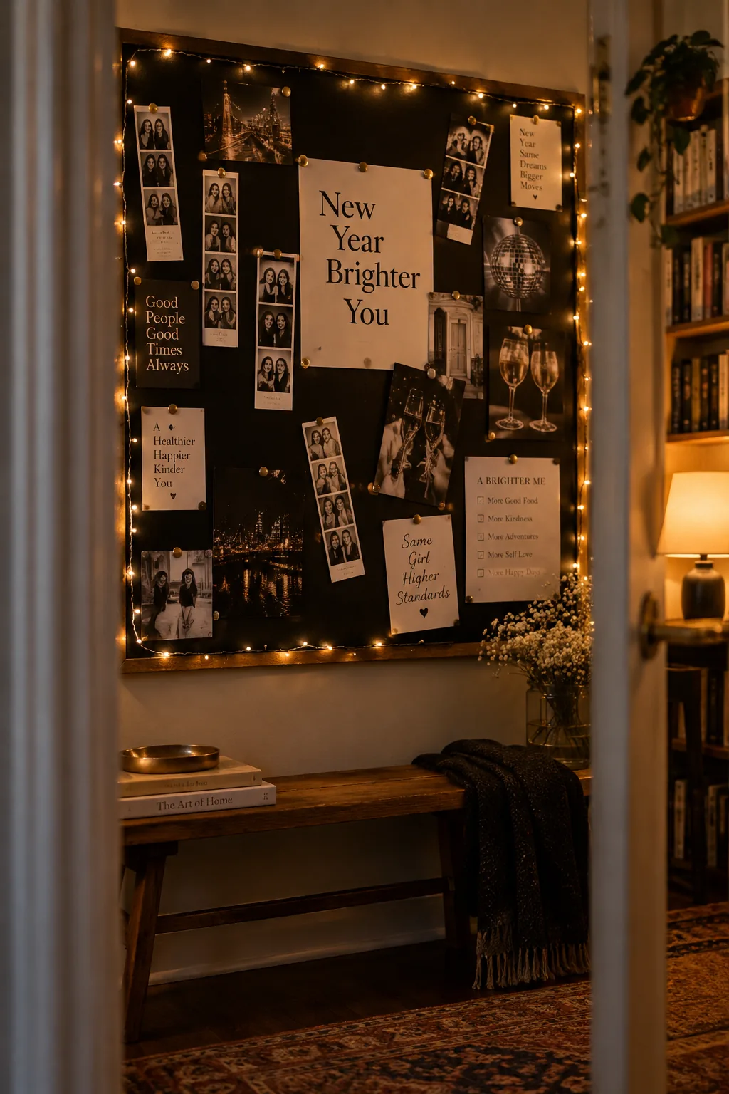 Bulletin board covered in black paper with silver and gold thumbtacks holding up photo booth strips