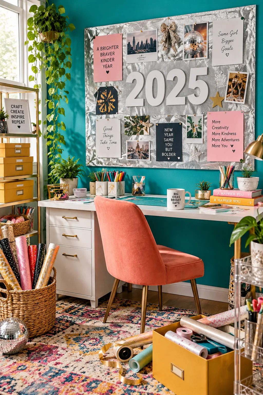 Corkboard wrapped in silver wrapping paper with large white numbers spelling the new year