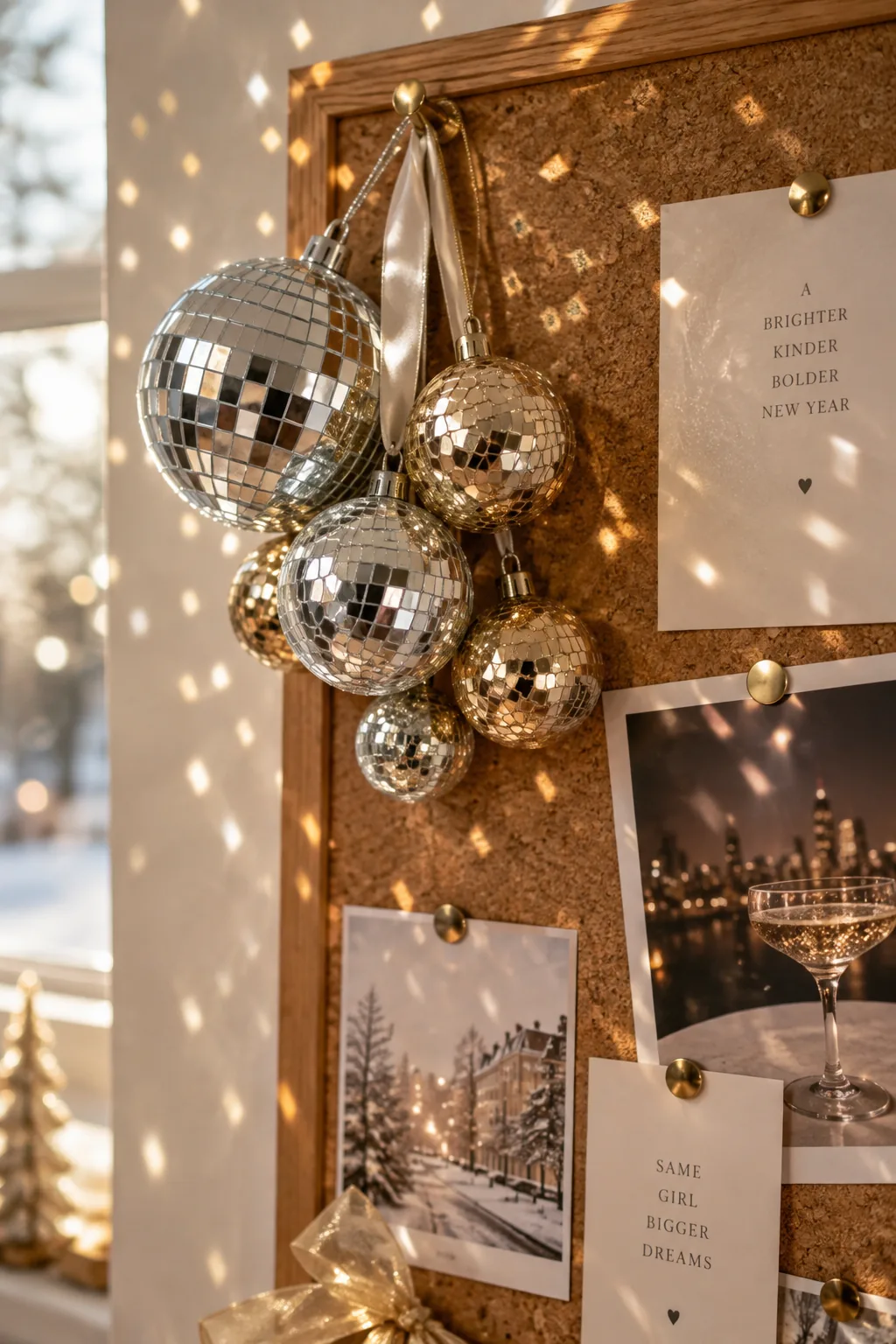 Bulletin board with mini disco balls pinned to the top corners