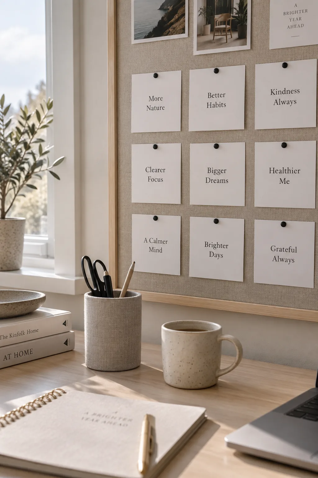 Clean grid of white square cards pinned to a board with black pushpins
