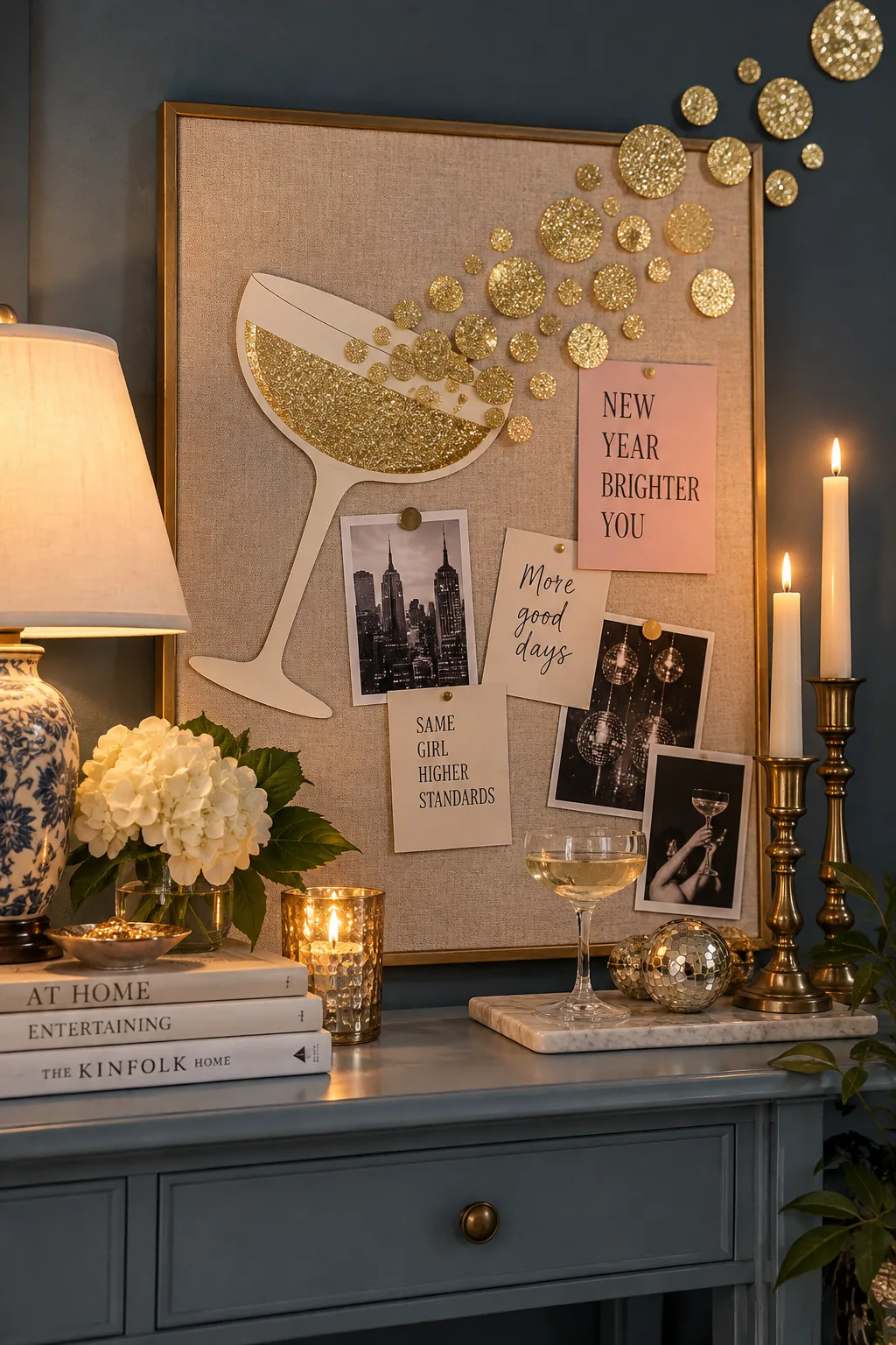 Paper champagne glass cutout with gold glitter circles floating up and off the bulletin board