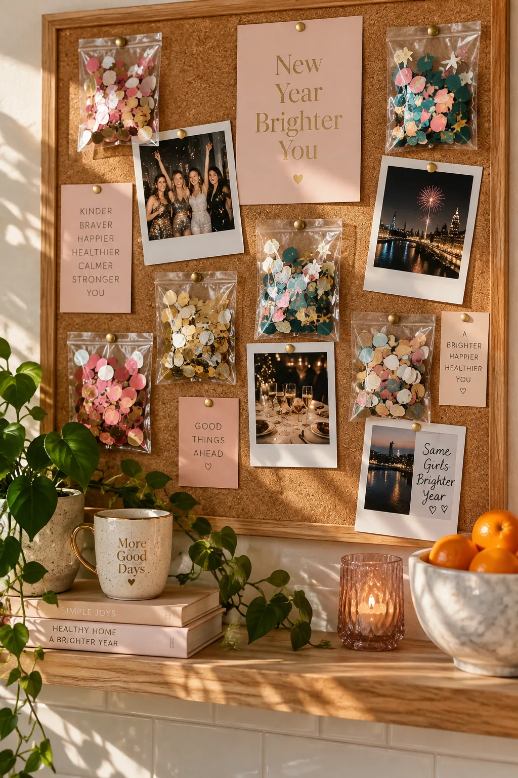 Clear plastic pockets filled with colorful confetti pinned to a bulletin board next to polaroids