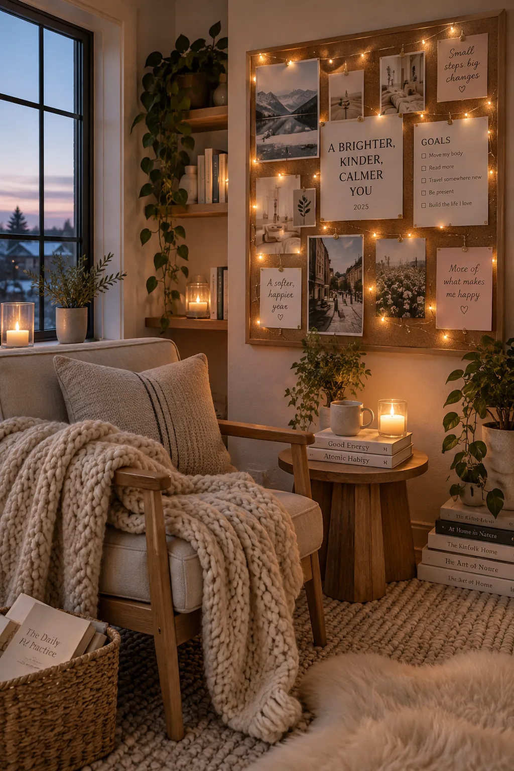 Bulletin board illuminated by warm white fairy lights woven across the surface