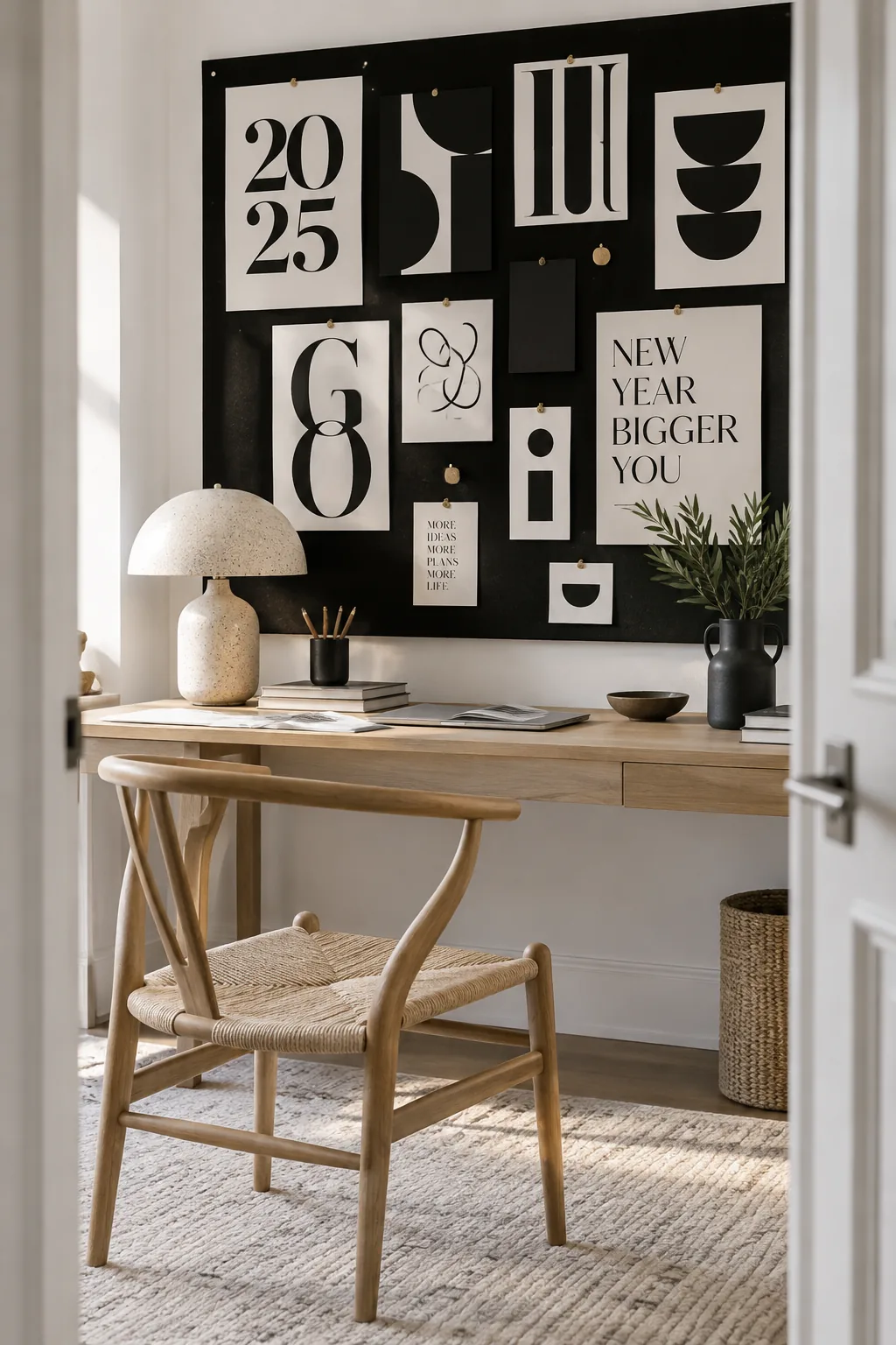 Bulletin board styled with bold black and white typography prints