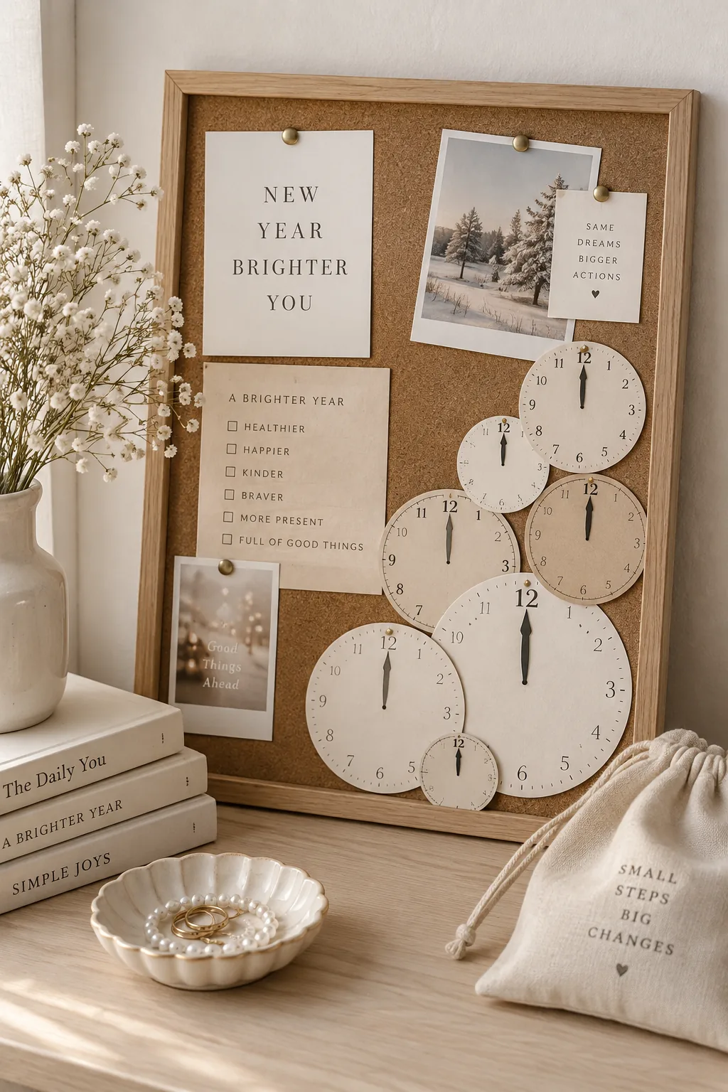 Cluster of paper clock faces showing midnight pinned to the corner of a bulletin board