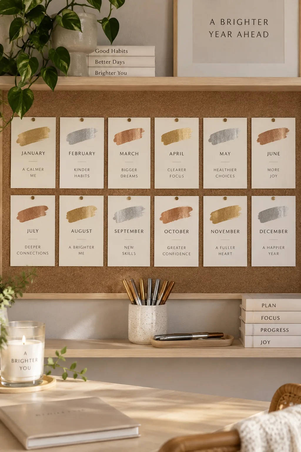 Bulletin board displaying twelve monthly goal cards arranged in two symmetrical rows