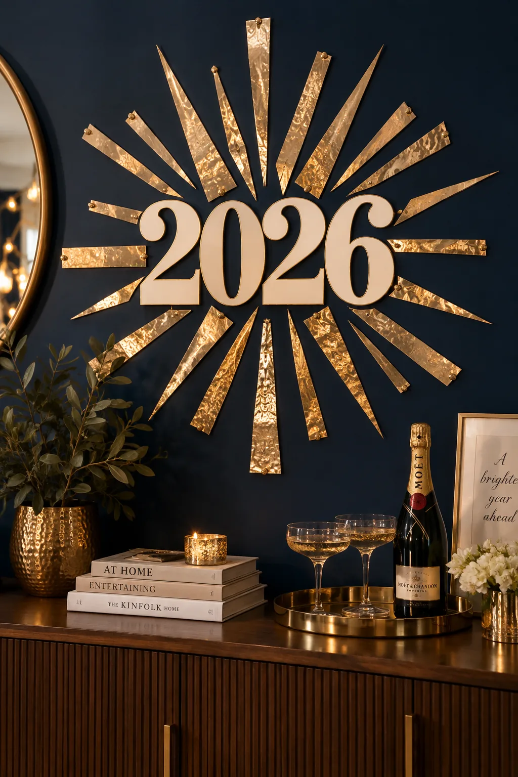 Gold foil triangles arranged in a starburst pattern around a new year cutout on a board