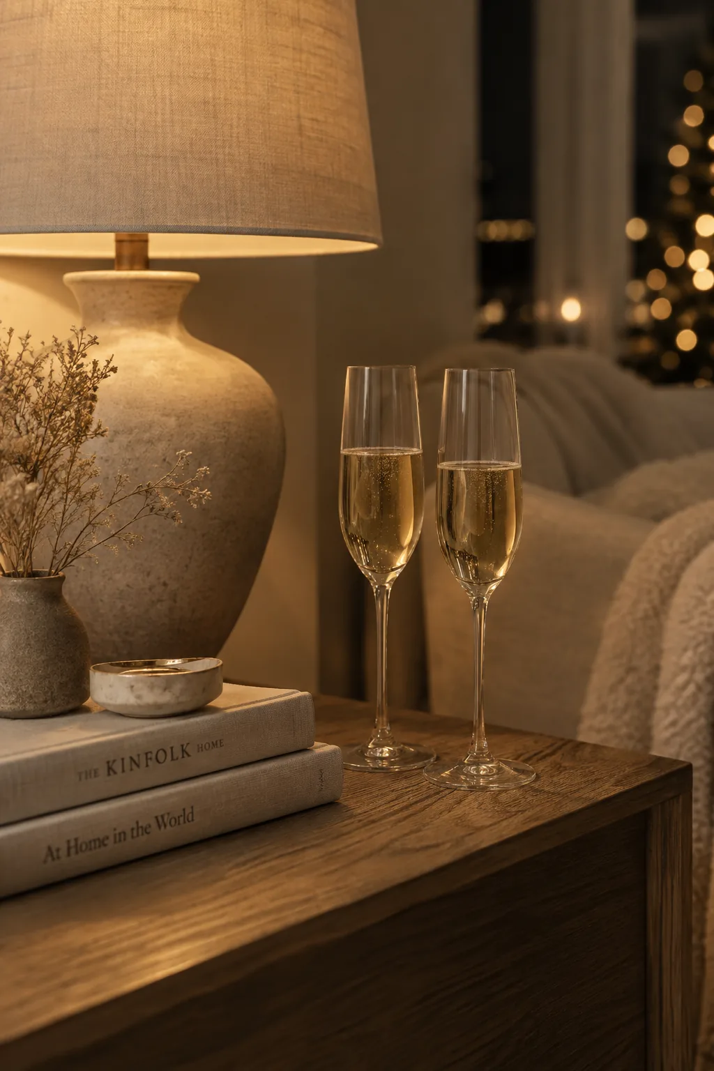 Warm amber lighting illuminating a cozy living room ready for a party.