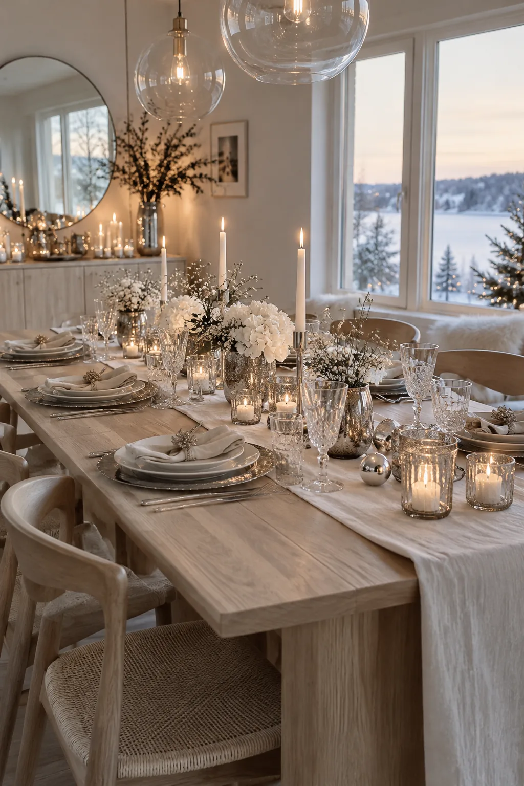 A silver and white dining table setting with mercury glass candles.