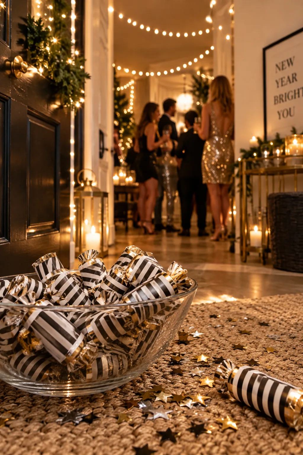 A glass bowl filled with confetti poppers wrapped in custom black and white labels.