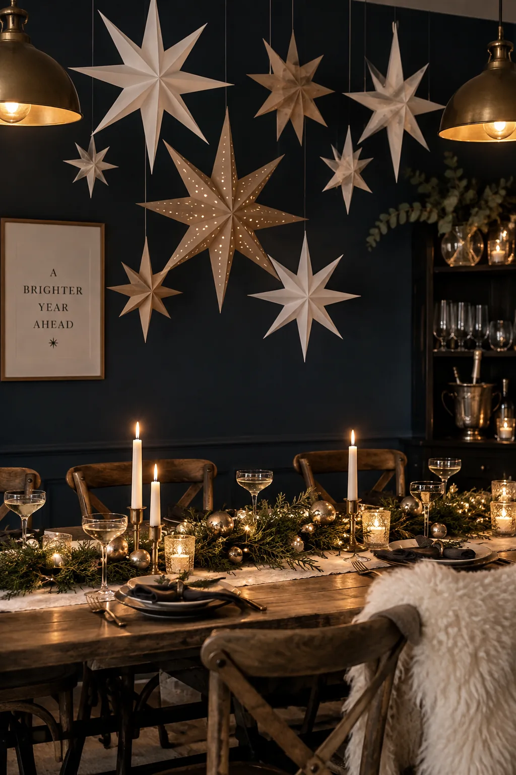 Large paper stars hanging from a ceiling over a dining table.
