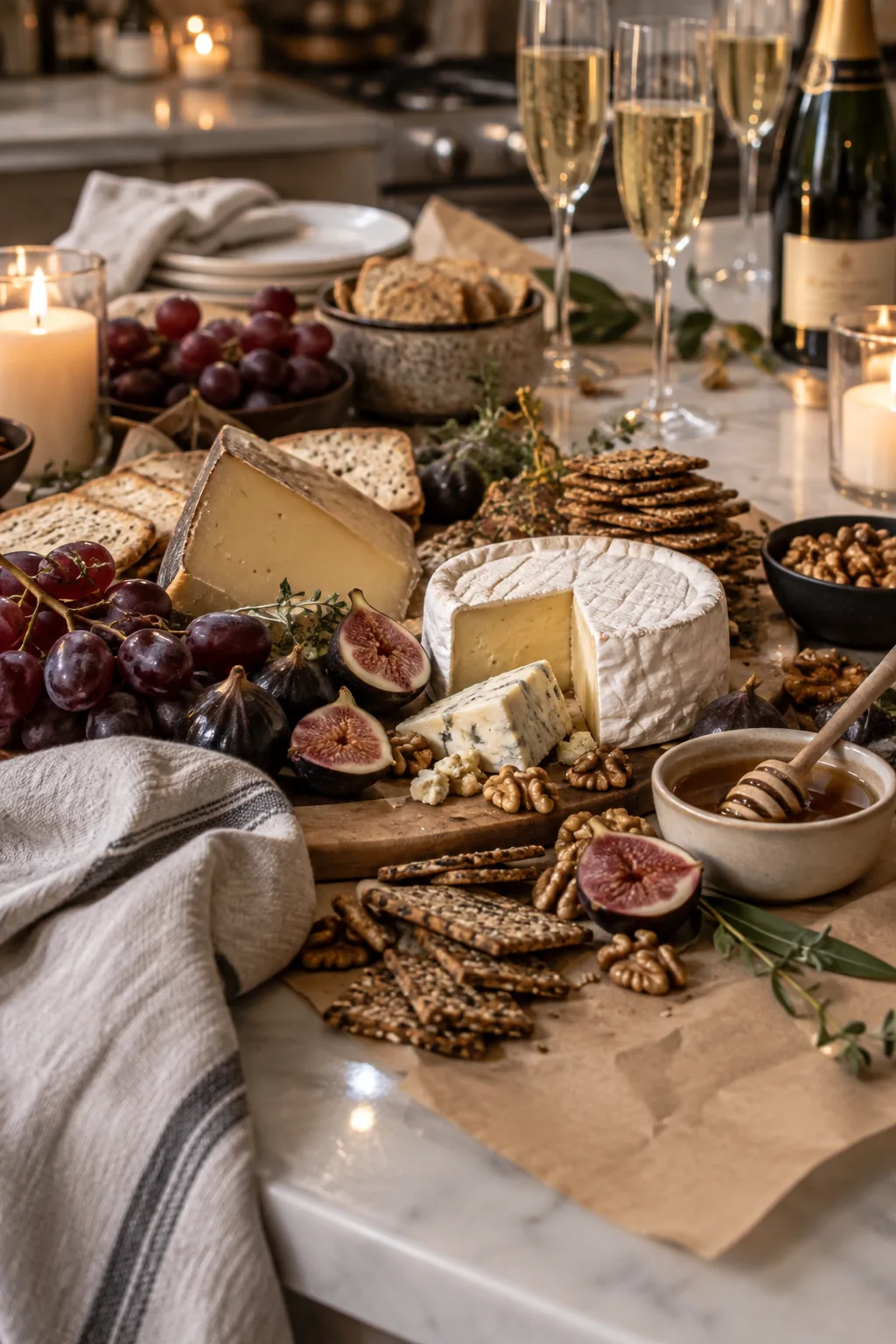Kitchen island covered in butcher paper and layered with charcuterie foods.