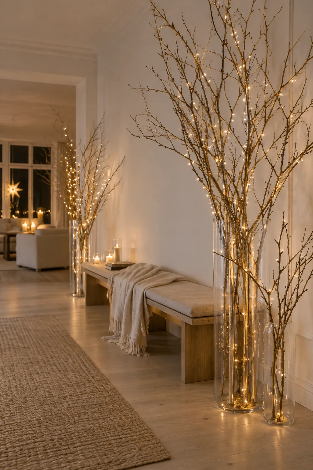Tall glass vase holding gold painted branches with fairy lights.