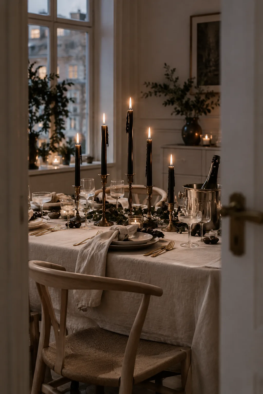 Black taper candles burning in brass holders on a table.