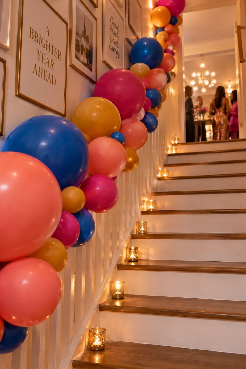 A cluster of balloons attached to a staircase banister.