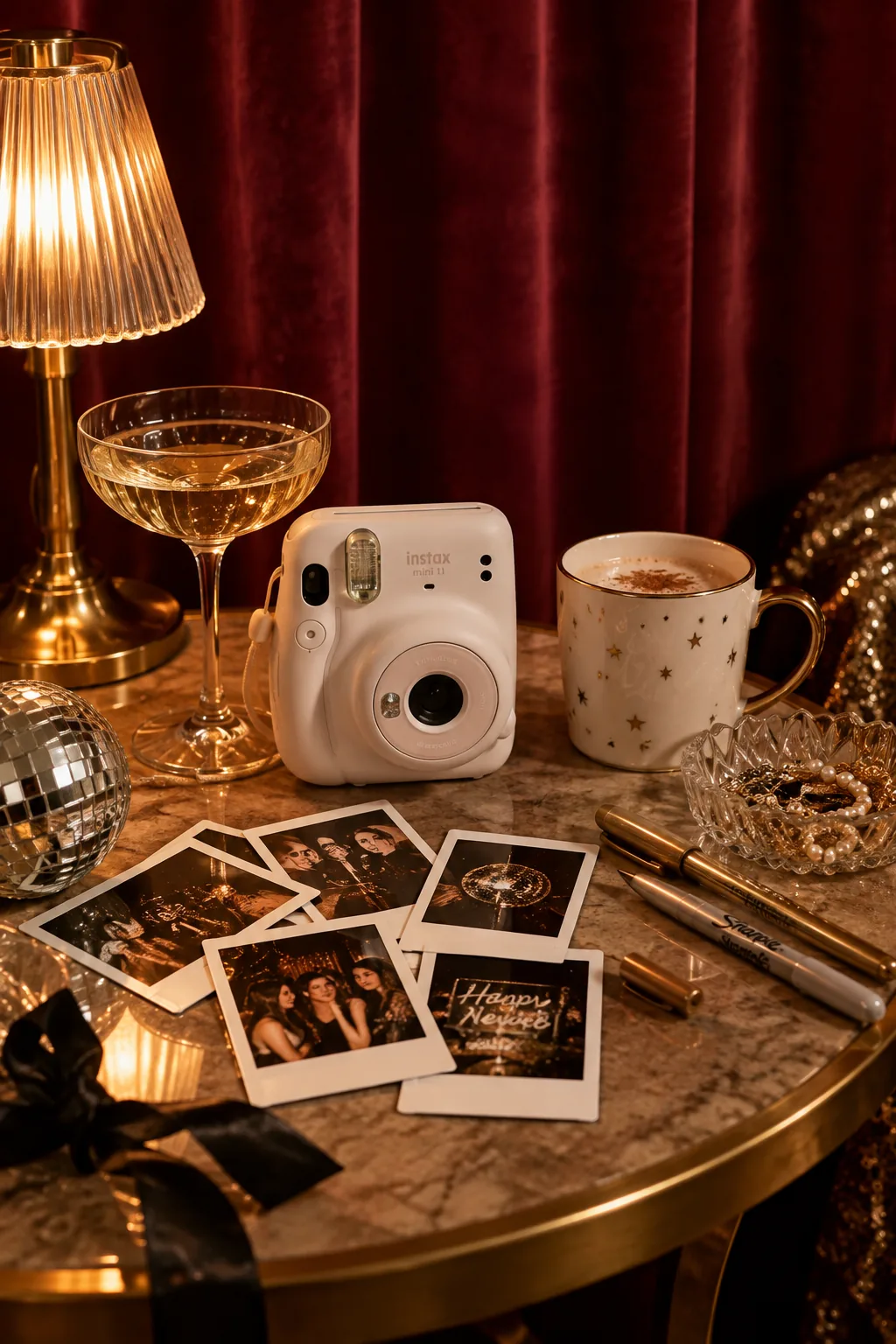 An instant camera and metallic markers on a table next to a velvet curtain.