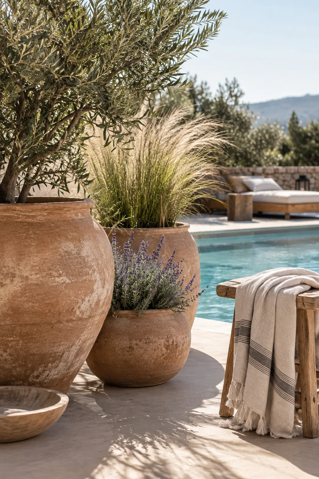 Large terracotta planters filled with green plants on a pool deck
