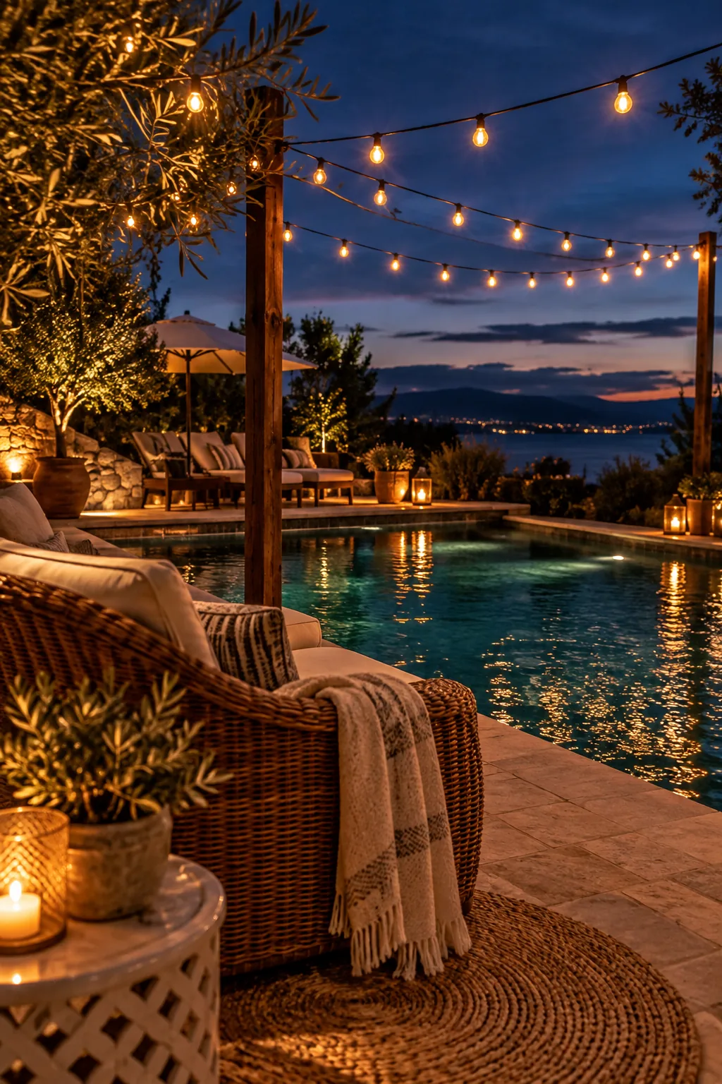 Bistro lights strung across a backyard swimming pool at twilight