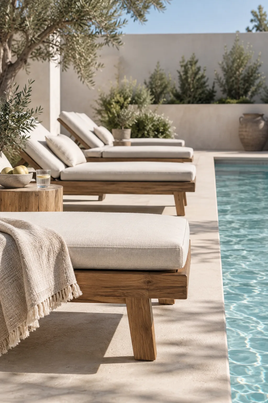 Wooden sunbeds with white cushions next to a blue pool