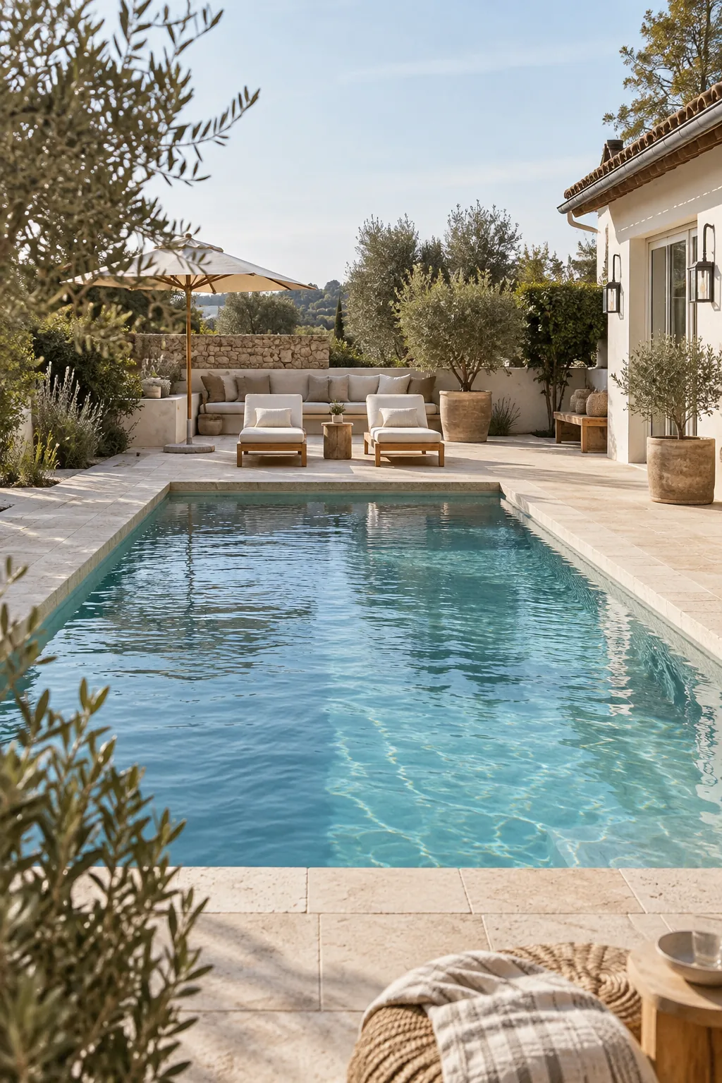 Tumbled travertine tile border along the edge of a swimming pool