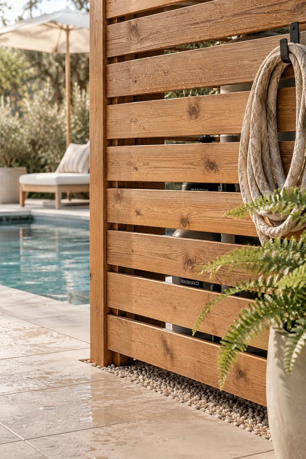 Wooden cedar privacy screen hiding pool pump equipment
