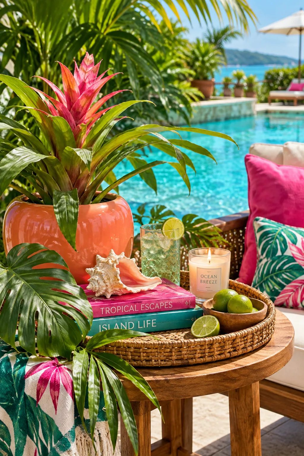 Lush tropical plants layered around a backyard swimming pool