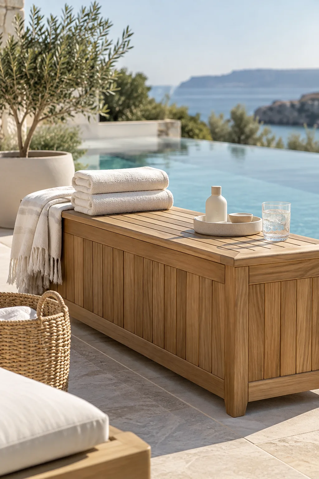 Teak storage bench sitting on a concrete pool deck