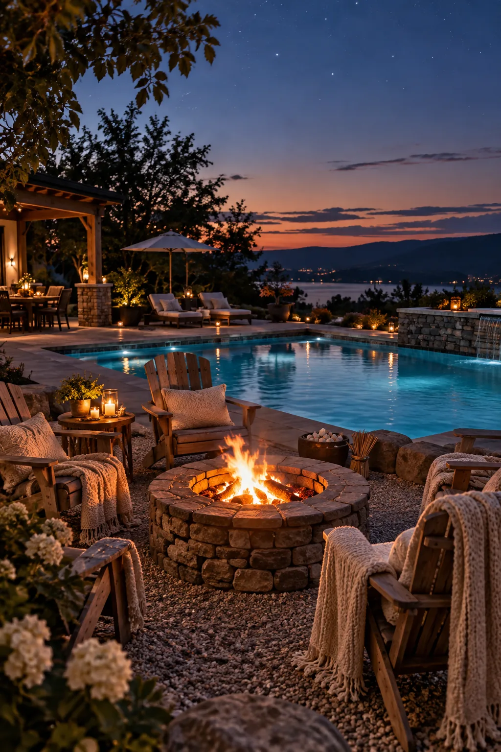 Small fire pit area glowing next to a backyard swimming pool