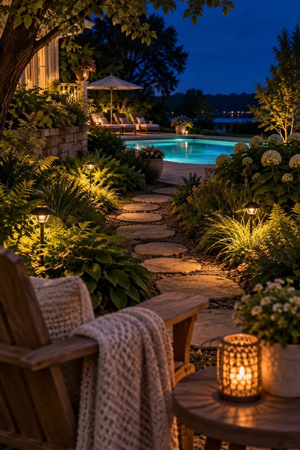Soft solar pathway lights glowing in pool landscaping at night