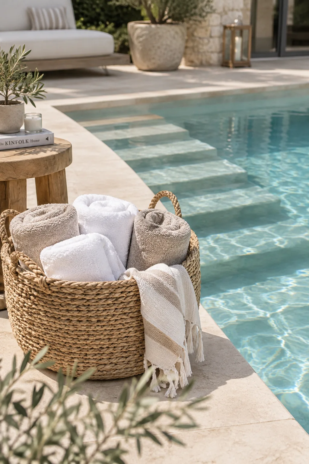 Woven basket filled with rolled striped towels and sunscreen