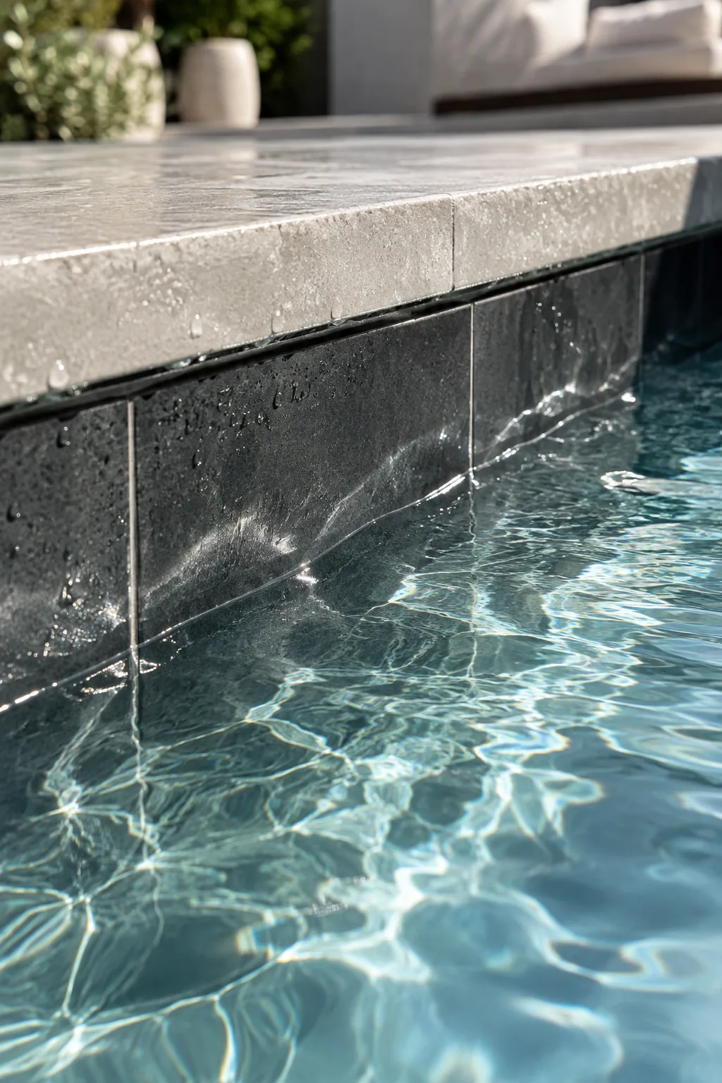 Sleek charcoal porcelain waterline tile on a modern swimming pool