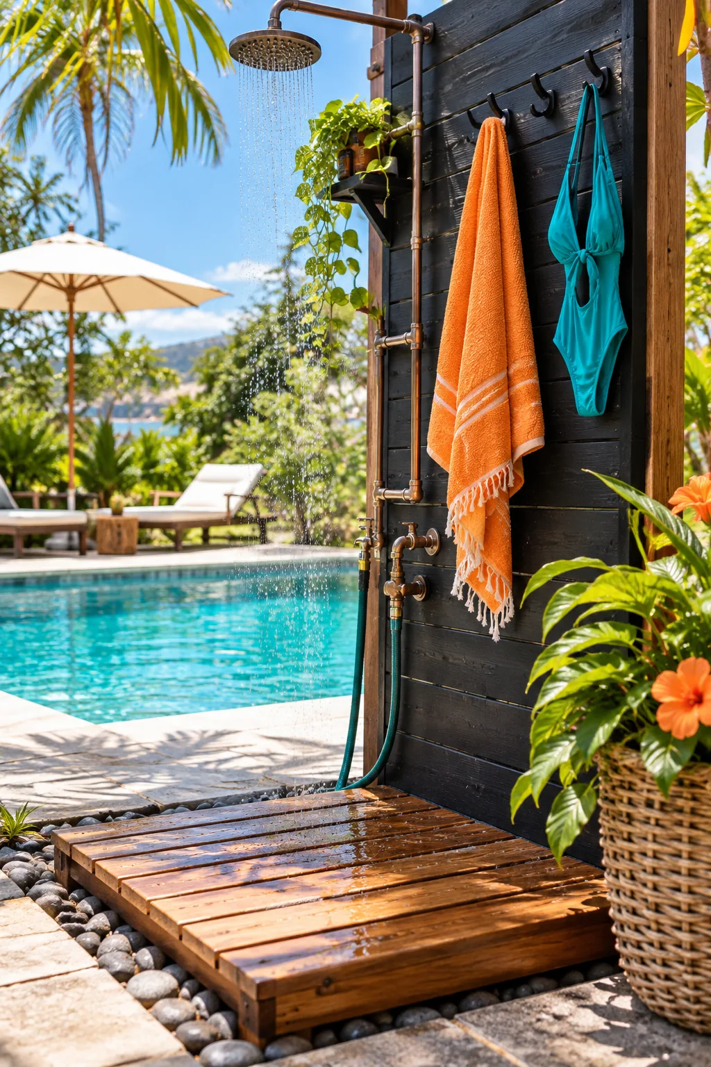 Simple DIY outdoor shower station with a wooden pallet base