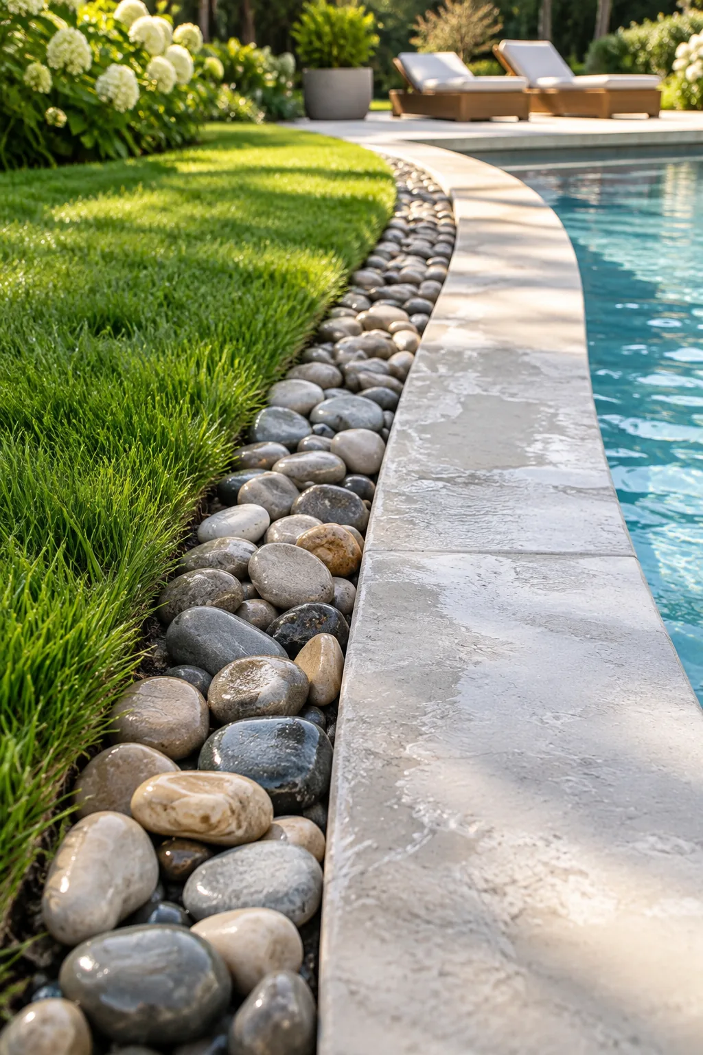 Smooth river rock drainage border between a concrete pool deck and a green lawn
