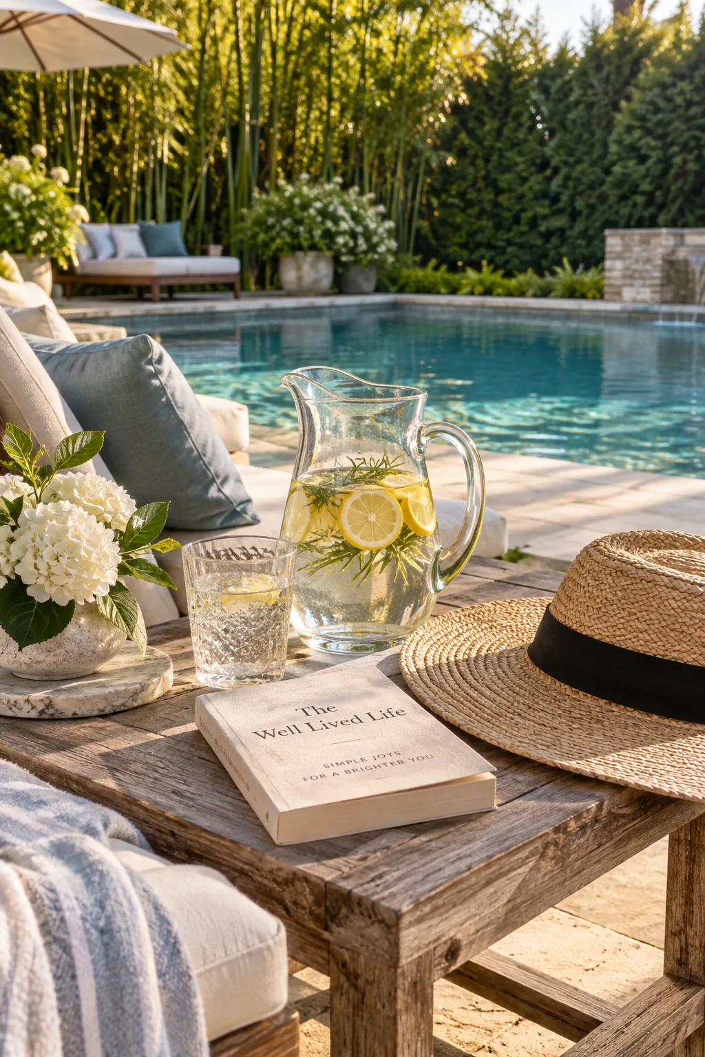 Dense row of ornamental grasses acting as a windbreak near a pool
