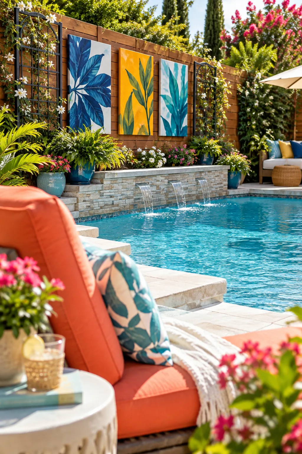 Outdoor canvas art hanging on a wooden fence next to a pool