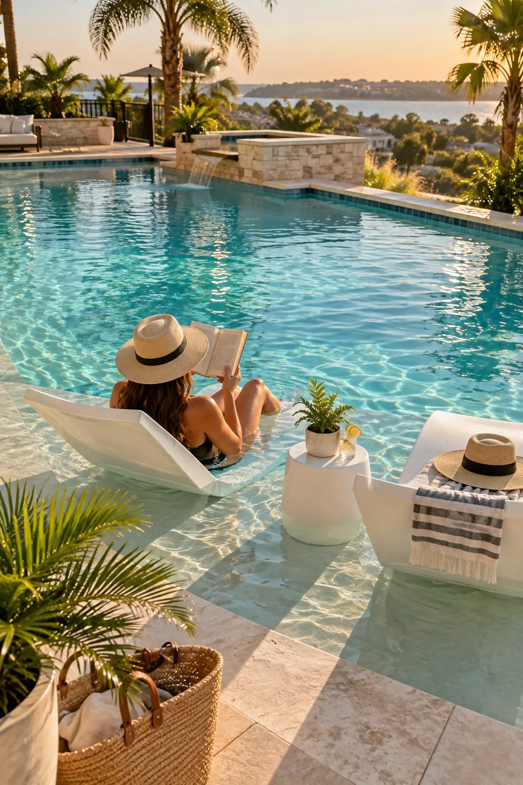 White resin in-pool loungers sitting on a shallow sun shelf
