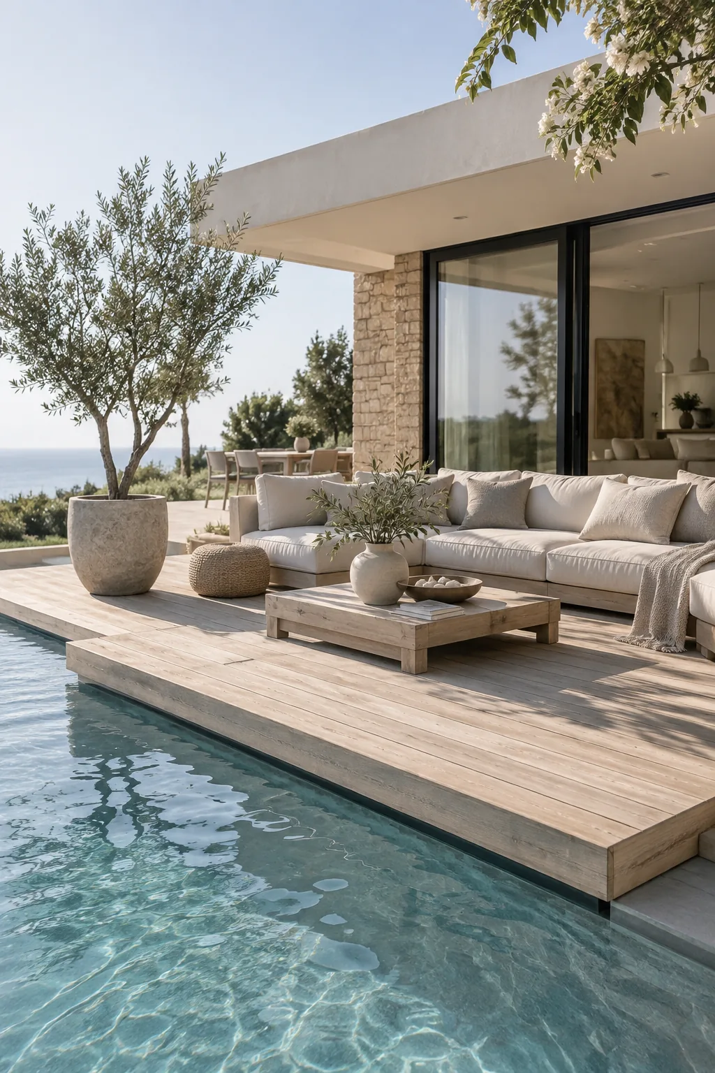 Low-profile floating wood deck built next to a concrete pool patio