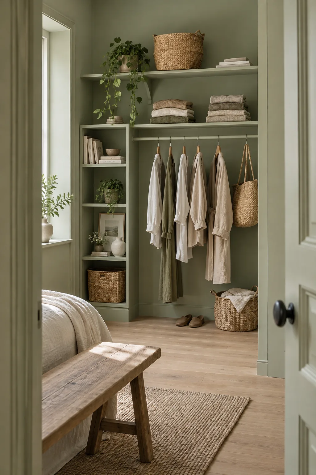 Monochromatic open wardrobe painted the exact same color as the bedroom wall